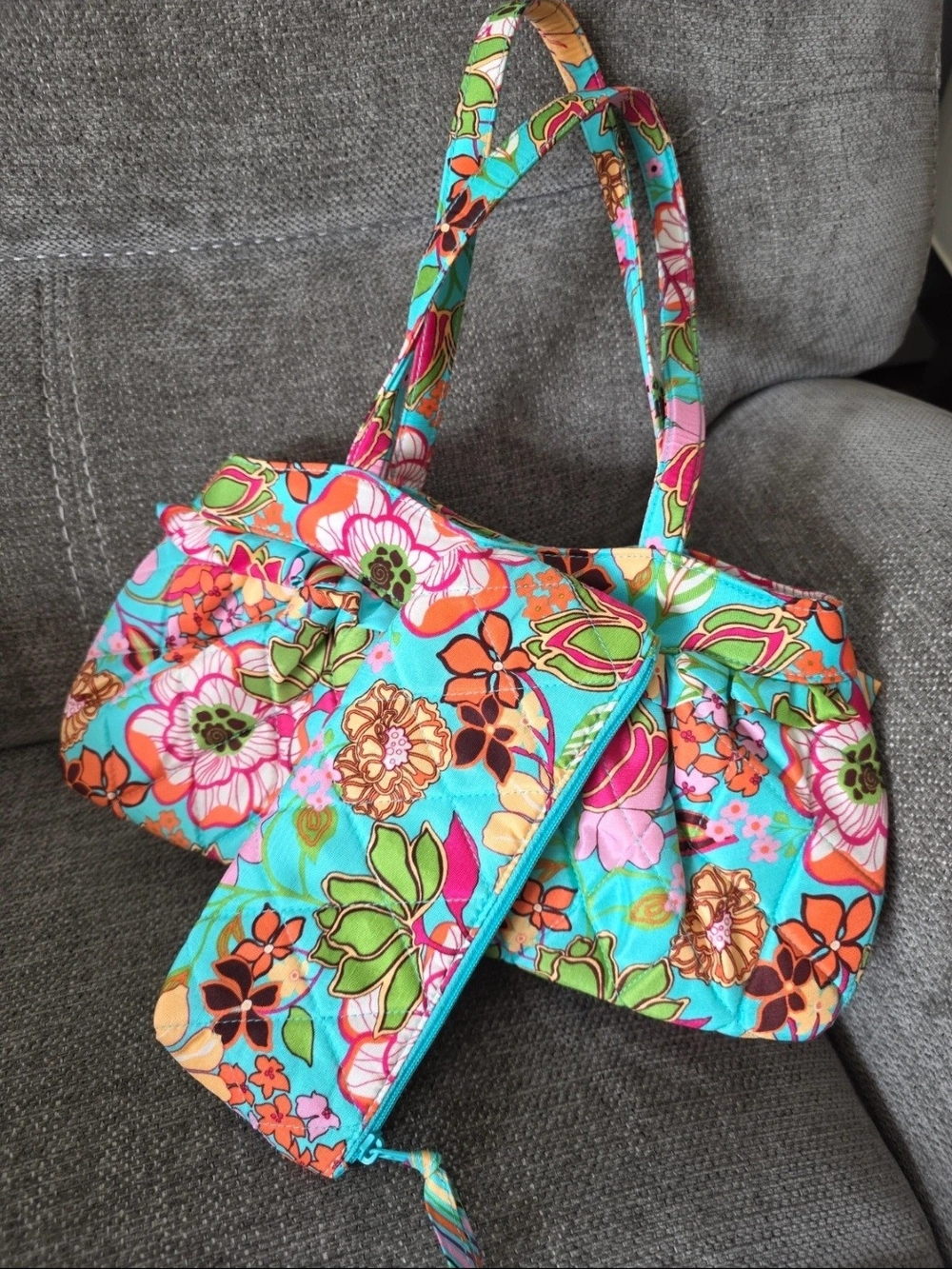 Vera Bradley Turquoise Quilted Shoulder Bag with Multicolor Floral Print